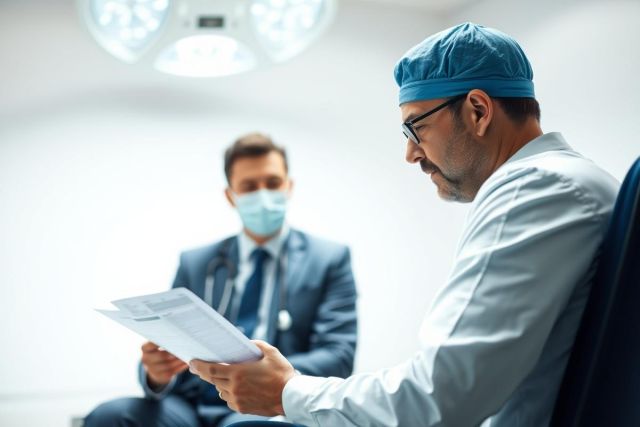 Medical professionals in an operating room setting. A doctor in a surgical cap and glasses reviews paperwork while another, wearing a mask and stethoscope, examines documents. Clean, bright lighting and a focus on healthcare collaboration and medical review.