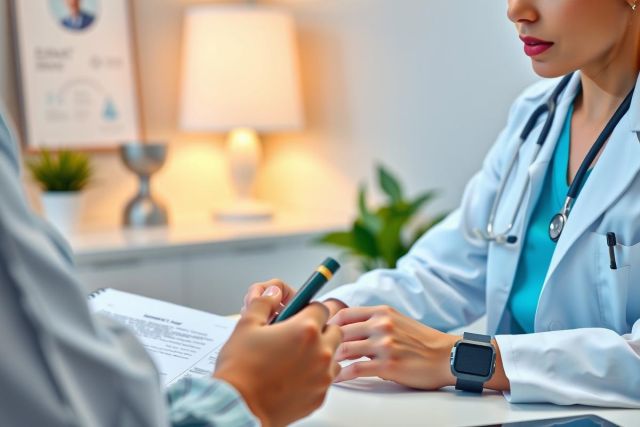 Doctor consulting with a patient, reviewing notes. Healthcare professional in a clinic setting. Focus on communication and medical examination.