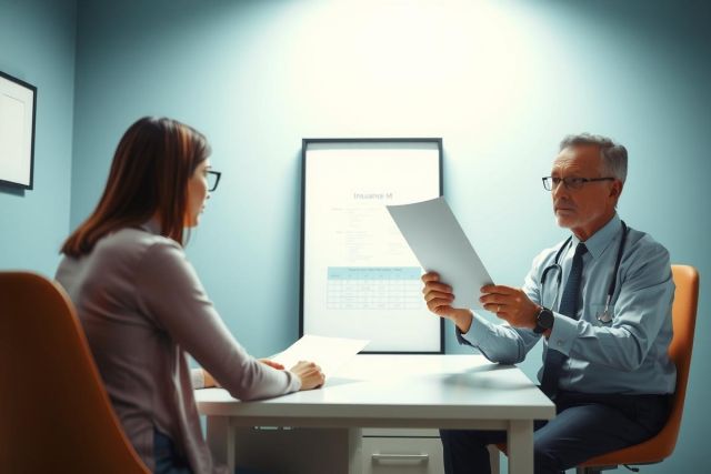 Doctor examines patient records during a consultation. Healthcare professional in a clinical setting, discussing medical information. Focus on patient care and medical review.