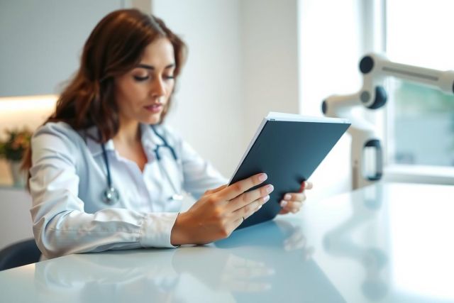 Doctor examining a tablet in a modern healthcare setting. The professional is wearing a white coat and stethoscope, suggesting a medical consultation or review of patient data.