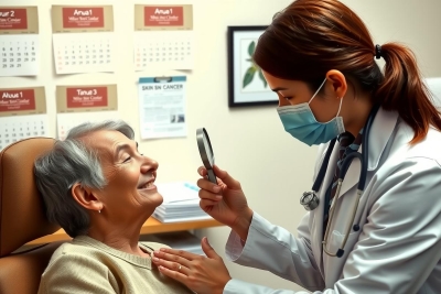 In the image, there is a healthcare professional attending to an elderly patient. The doctor is wearing protective gear including a surgical mask and is using a stethoscope on the patient's chest area.