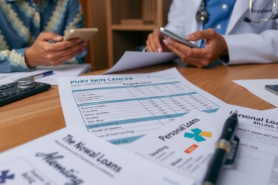 A group of professionals in a meeting room. A doctor is handing over financial information sheets to a patient or client, discussing medical expenses and billing.