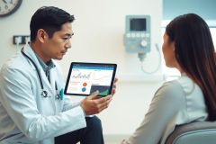 Doctor examining a patient and showing data on a tablet. Healthcare professional consults with a female patient in a clinic setting. Shows medical technology in healthcare.