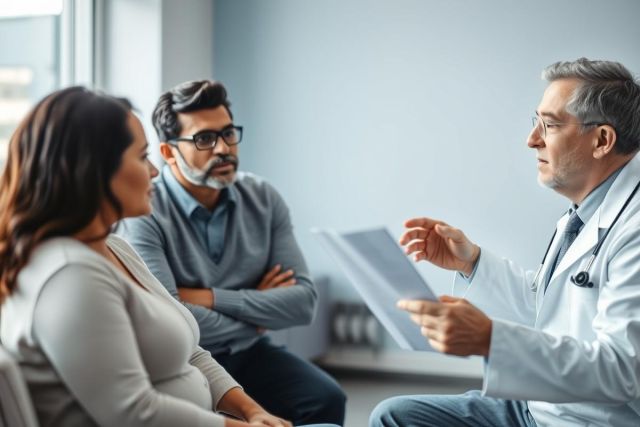 Doctor consults with a couple in a modern medical office. The image shows a healthcare professional discussing results with a man and woman, suggesting a check-up or diagnosis. Predominant colors are blue and neutral tones, conveying a professional and calm atmosphere. Keywords: doctor, patient, healthcare, consultation, medical.