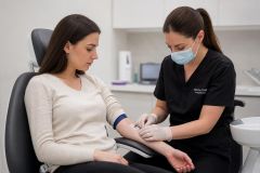 Dental clinician placing IV catheter in seated patient, dental operatory setting conveying sedation preparation.