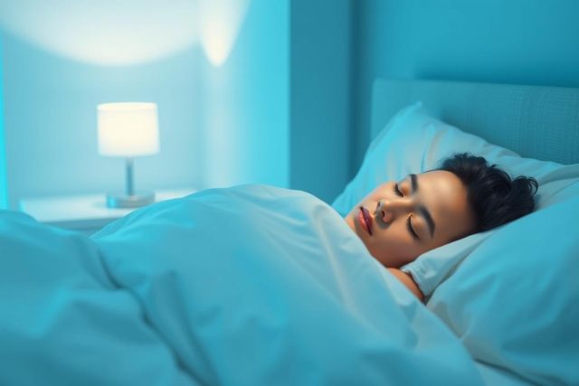 A young woman peacefully sleeps in a cozy blue bedroom. Soft light from a bedside lamp illuminates the scene, creating a calming and restful atmosphere. Focus is on the sleeping individual and the tranquil bedroom setting, ideal for sleep, relaxation, or wellness themes.