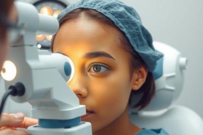In the image, a young woman is seated in an eye examination room. She is wearing a surgical gown and is looking up at the ceiling with her eyes closed. A doctor is examining her eyes using a slit lamp that is positioned directly in front of her face, illuminating both her eyes and the surrounding area. The setting suggests a medical office environment focused on ocular health examination.