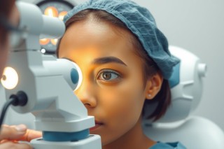 In the image, a young woman is seated in an eye examination room. She is wearing a surgical gown and is looking up at the ceiling with her eyes closed. A doctor is examining her eyes using a slit lamp that is positioned directly in front of her face, illuminating both her eyes and the surrounding area. The setting suggests a medical office environment focused on ocular health examination.