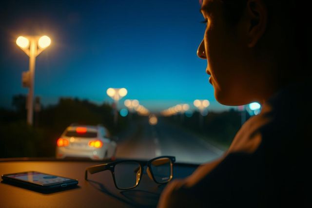 The image captures a nighttime scene from the perspective of a car passenger. The interior lighting illuminates the person driving, wearing glasses and holding a smartphone with a screen that is not visible. There's another vehicle in front of the passenger's car, indicating traffic on an urban street. The colors are mainly dark due to the night setting, with some ambient city lights visible.