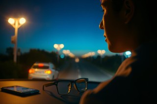 The image captures a nighttime scene from the perspective of a car passenger. The interior lighting illuminates the person driving, wearing glasses and holding a smartphone with a screen that is not visible. There's another vehicle in front of the passenger's car, indicating traffic on an urban street. The colors are mainly dark due to the night setting, with some ambient city lights visible.