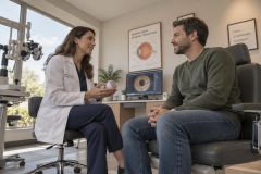 Ophthalmologist explaining eye anatomy to patient in exam room, holding eye model.