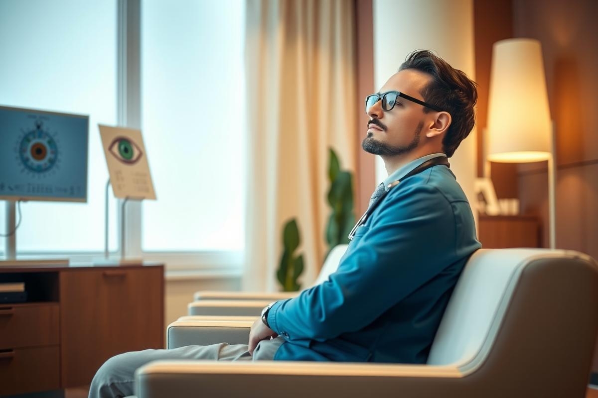 In the image, we see a man sitting on a couch in an indoor setting that appears to be a modern office or living room. The man is dressed casually in a blue jacket and sunglasses, giving off a relaxed vibe despite his attire suggesting a professional environment. His gaze seems focused beyond the frame of the image, indicating he may be deep in thought or observing something out of view.