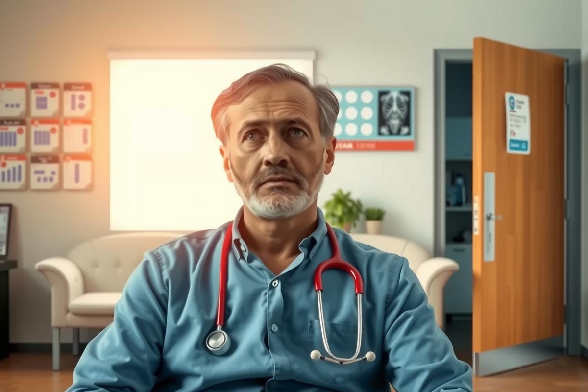 This image depicts an indoor setting, presumably a medical office or waiting area. In the foreground, there's a male doctor in a professional blue scrub uniform with a stethoscope around his neck. The doctor is looking towards the camera with a serious expression on his face. He appears to be seated behind a desk, suggesting he may be conducting an examination or consultation with patients. In the background, there are typical medical office elements such as shelves stocked with various medical supplies and equipment, and a waiting area with chairs.