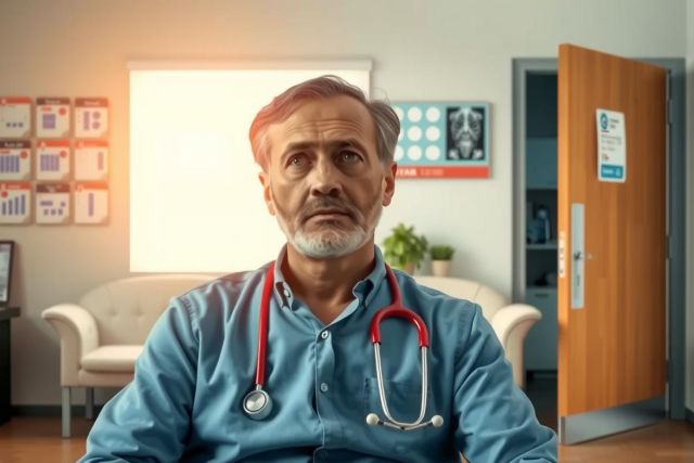 This image depicts an indoor setting, presumably a medical office or waiting area. In the foreground, there's a male doctor in a professional blue scrub uniform with a stethoscope around his neck. The doctor is looking towards the camera with a serious expression on his face. He appears to be seated behind a desk, suggesting he may be conducting an examination or consultation with patients. In the background, there are typical medical office elements such as shelves stocked with various medical supplies and equipment, and a waiting area with chairs.