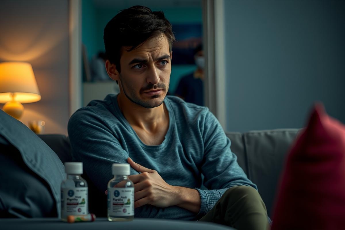 A man is seated on a couch, looking contemplative and holding bottles in his hand. His expression suggests concern or deep thought. The room has a modern design with a cozy ambiance.