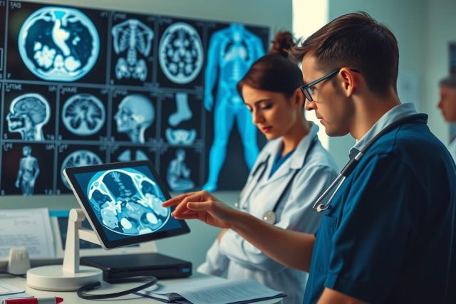 This is a medical image featuring professionals in healthcare attire studying digital images on computer screens. The environment suggests a clinical setting, likely an examination or analysis room. The main focus is on the medical imagery displayed, which appears to be scans of human bodies, possibly from MRI or CT machines. The color palette is clinical with cool tones dominating due to the nature of the equipment and environment.