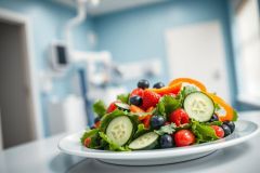 Healthy fruit and vegetable salad on a white plate, set in a bright blue medical or wellness setting. Featuring strawberries, blueberries, cucumber, and bell peppers. Focus on nutritious eating and healthy lifestyle choices.