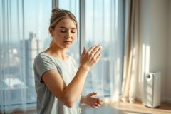 Young woman applying hand cream by a large window with a city view. Soft natural light, neutral tones, and a serene, wellness-focused atmosphere. Self-care, skincare, and indoor lifestyle imagery.