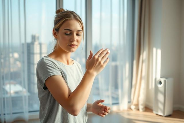 Young woman applying hand cream by a large window with a city view. Soft natural light, neutral tones, and a serene, wellness-focused atmosphere. Self-care, skincare, and indoor lifestyle imagery.