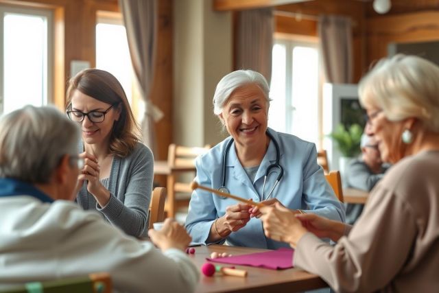 Group of seniors enjoying a crafting activity. A woman in a doctor's coat assists with knitting. Warm, inviting atmosphere with natural light and wooden furniture. Focus on community and wellness.