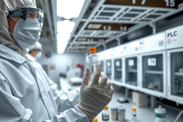 Scientist in lab coat and gloves examines a vial of liquid. Sterile environment, research, pharmaceutical, science, laboratory setting.