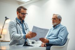 Doctor consults with an elderly patient in a bright, modern clinic. The healthcare professional and senior man review medical documents, showcasing a focus on patient care and health checkups.  Blue and white tones dominate the scene, conveying a professional and calming atmosphere.