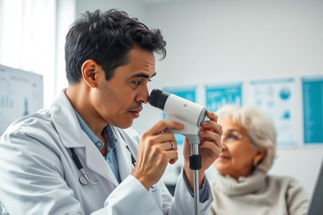 Doctor examining an elderly patient's eye with a slit lamp in a bright, modern clinic. Focus on eye care, medical examination, and senior health. White and neutral tones dominate the scene.