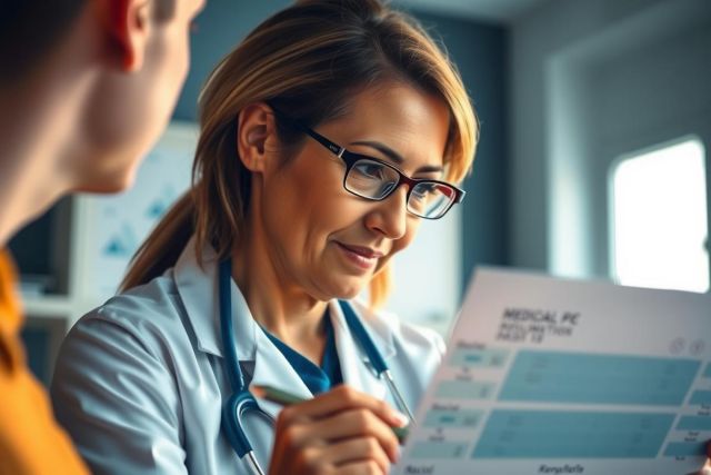 A female doctor in scrubs and glasses discusses patient data with a colleague in a modern hospital setting. The scene highlights healthcare professionals reviewing medical information.