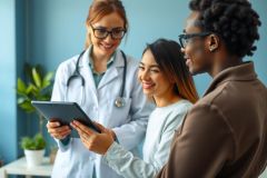 Doctor consults with a patient using a tablet in a bright clinic setting. A friendly interaction between healthcare professional and patient, showcasing modern medical care.