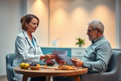 Doctor consults with senior patient in a bright, modern clinic setting. They review documents while a healthy fruit platter sits on the table. Focus on healthcare, wellness, and preventative care with warm lighting and a calming atmosphere.