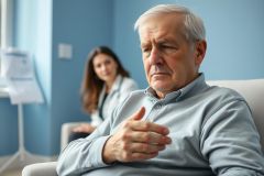 Concerned elderly man sits in a doctor's office, appearing distressed. A female healthcare professional is blurred in the background. Blue walls and soft lighting create a calm, clinical environment. Image depicts senior health, medical consultation, and emotional well-being.