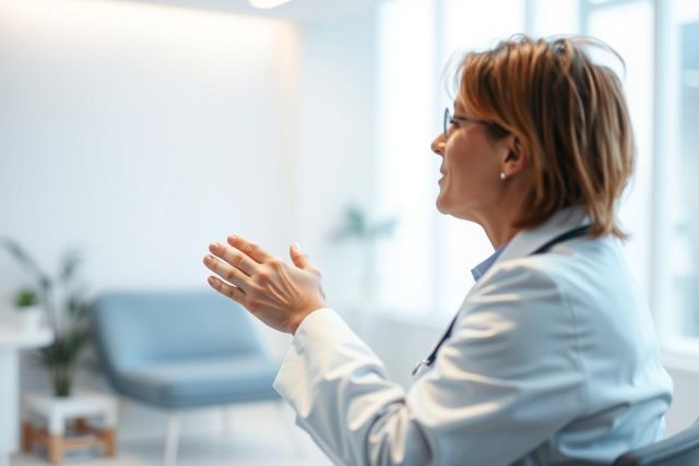 A female doctor in a white coat sits in a bright, modern medical office. She's gesturing while speaking, likely consulting with a patient. The scene features soft blues and greens, creating a calm and professional healthcare environment. Doctor, healthcare, clinic, consultation, medical professional.