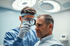 Medical examination scene: A doctor in blue scrubs uses a magnifying glass to examine a patient's eye under bright surgical lights in a clean, sterile environment. Focus on eye health and diagnostic procedures. Blue and white color palette.