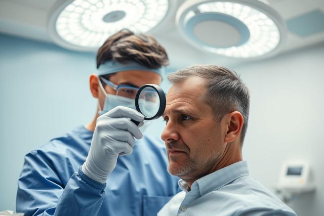 Medical examination scene: A doctor in blue scrubs uses a magnifying glass to examine a patient's eye under bright surgical lights in a clean, sterile environment. Focus on eye health and diagnostic procedures. Blue and white color palette.