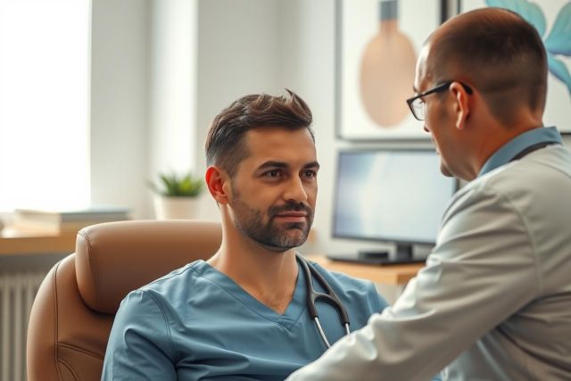 Doctor consults with a patient in a medical office. The doctor wears a white coat and stethoscope while the patient sits in a chair. Focus is on healthcare and patient care.
