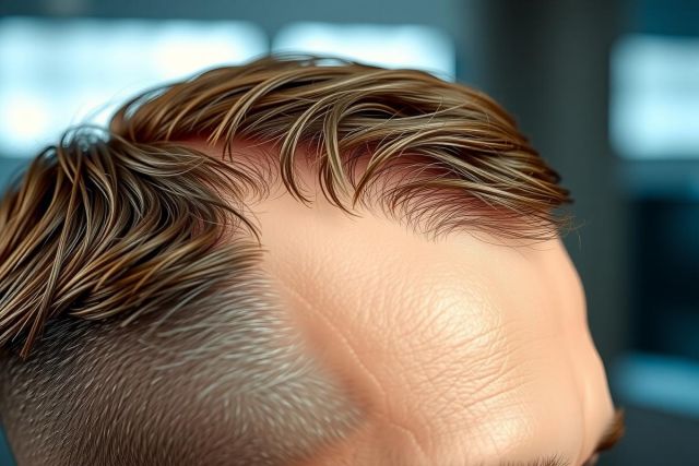 Close-up of a person's head and hair. The hair is dark brown with lighter highlights, showcasing a textured style. Focused on the hair and scalp, with a shallow depth of field. Portrait, realistic rendering.