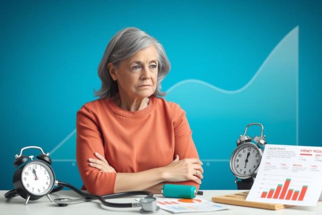 Woman in orange shirt with crossed arms, surrounded by office-related objects like a desk, clocks, graphs and statistics on blue background.