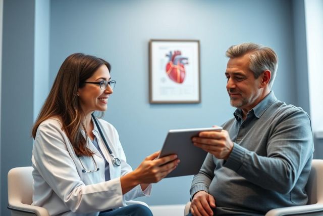 Doctor consults with a patient in a modern medical office. A female physician wearing a white coat shows an older man data on a tablet while a heart diagram hangs on the wall. Blue and neutral tones create a professional healthcare setting. Focus on patient care and digital health.