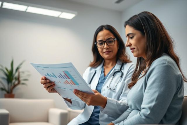 Doctor and patient reviewing a medical chart or graph in a bright, modern clinic setting. The image features a female doctor in a white coat and stethoscope discussing results with a woman. Blue and red colors highlight the data. Healthcare, medical consultation, and patient care themes are evident.