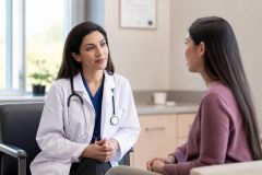 Doctor listening attentively to patient during clinic consultation about treatment and coverage options.