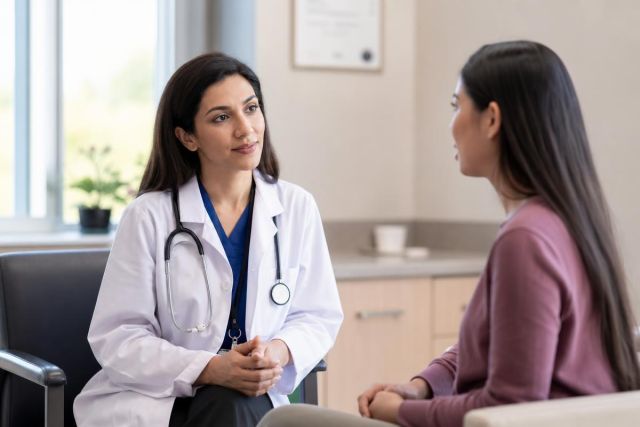 Doctor listening attentively to patient during clinic consultation about treatment and coverage options.