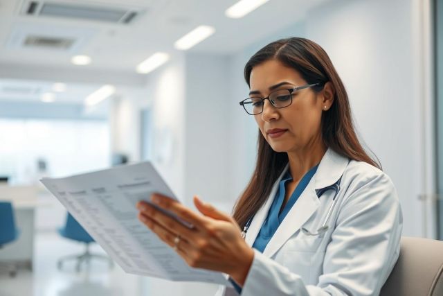 Focused female doctor in a white coat and glasses examining medical documents in a bright, modern hospital hallway. Healthcare professional reviewing patient records, promoting medical research and patient care.