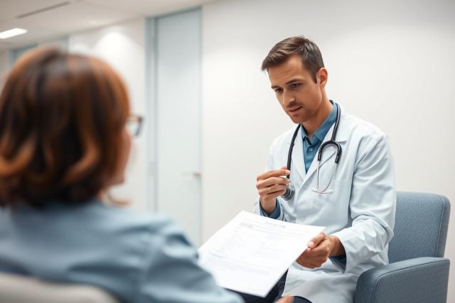Doctor consults with patient in a modern, bright medical office. The healthcare professional, wearing a white coat and stethoscope, reviews documents while discussing health concerns. Focus on patient care and medical consultation.
