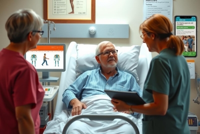 The image shows a hospital setting with medical professionals attending to a patient. The patient is lying on the bed, wearing a hospital gown and glasses, indicating he may be elderly or experiencing some health issue that requires medical attention.