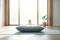 Serene yoga space featuring a blue meditation cushion on a light blue mat, set against a bright window. The room includes potted plants and wooden accents, creating a peaceful, minimalist atmosphere perfect for mindfulness and relaxation. Natural light and calming colors evoke tranquility.