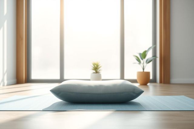 Serene yoga space featuring a blue meditation cushion on a light blue mat, set against a bright window. The room includes potted plants and wooden accents, creating a peaceful, minimalist atmosphere perfect for mindfulness and relaxation. Natural light and calming colors evoke tranquility.