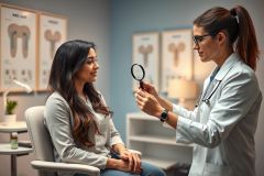 Doctor examining a patient's skin with a magnifying glass in a bright, modern medical clinic. The scene features a female doctor in a white coat and a female patient seated comfortably. Dental charts are visible in the background. Focus on dermatology, skin health, and medical consultation.
