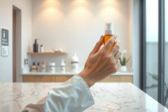 Close-up of a hand holding a skincare product against a bright, modern bathroom background. Focus on a cream or lotion in a jar, showcasing beauty and wellness.