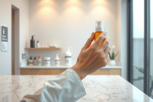 Close-up of a hand holding a skincare product against a bright, modern bathroom background. Focus on a cream or lotion in a jar, showcasing beauty and wellness.