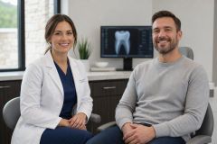 Dentist consulting a smiling patient in a modern dental exam room with tooth X-ray.